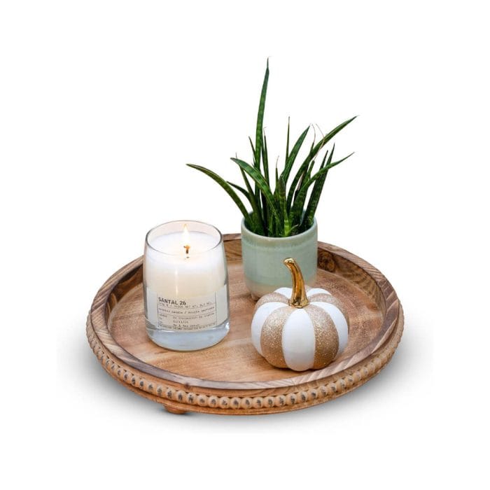 12 Inch Round Wood Tray, Whie Washed Wooden